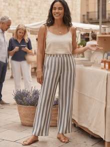 Light Lino Striped Wide Leg Pants - Summer Style With Elastic Waist - Grey - View 1