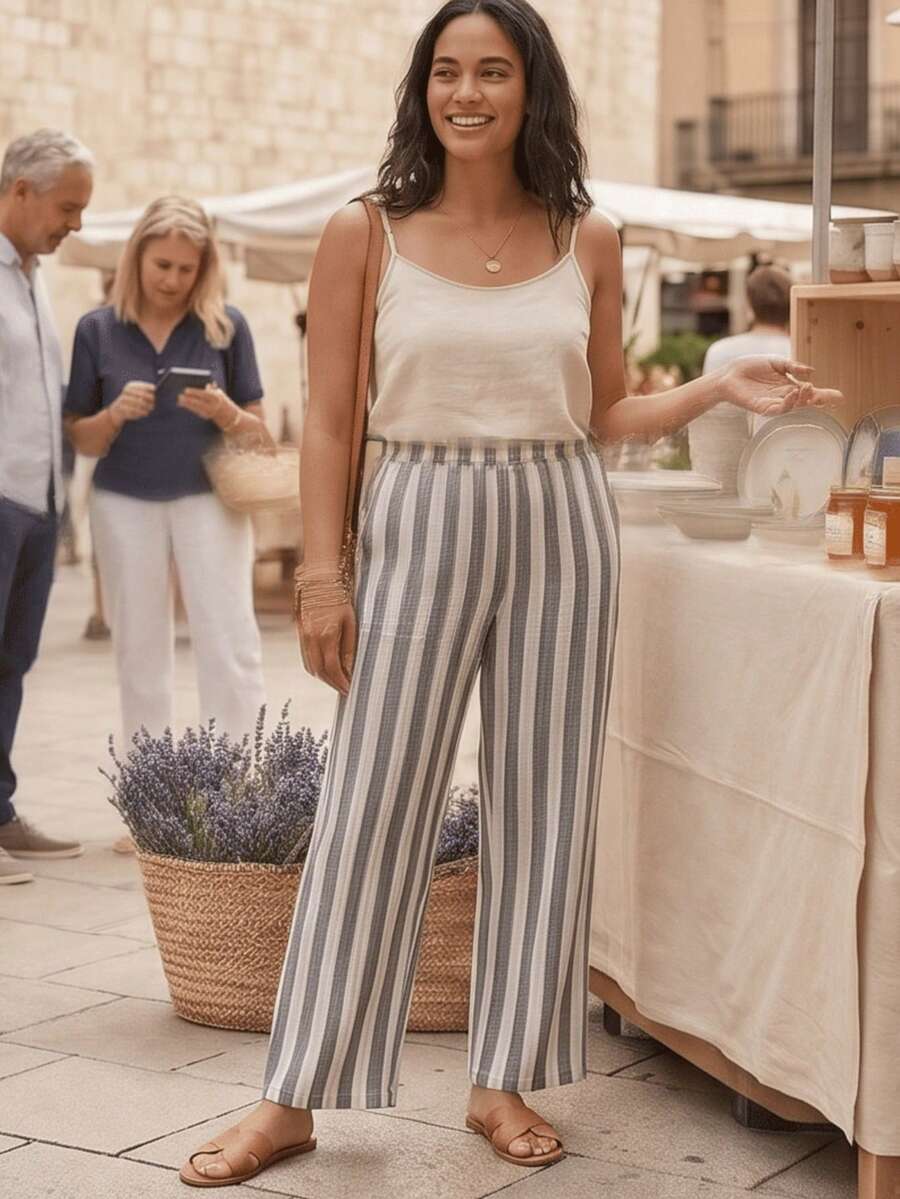 Light Lino Striped Wide Leg Pants - Summer Style With Elastic Waist - Grey - View 1