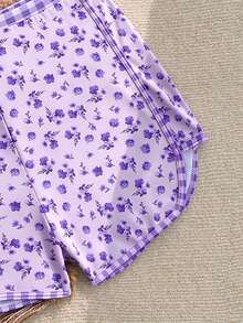 SHEIN 青少年女孩海灘格紋與小碎花掛脖式一件式泳衣，2件組含罩衫短褲與上衣，適合夏季泳池、海灘、衝浪、度假、旅行、假期 - 粉色 - 查看 6