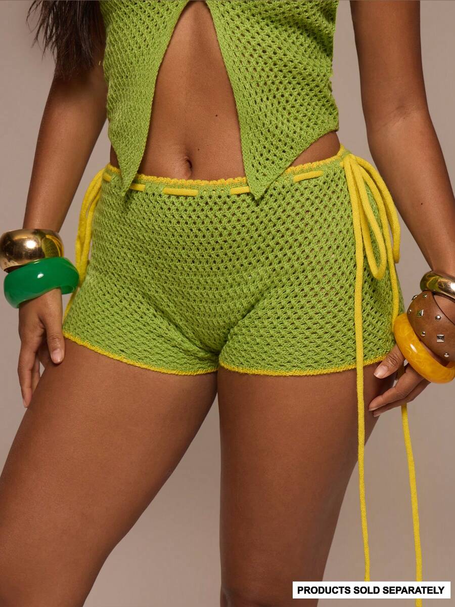 MUSERA Contrast Stitch Crochet Knit Tie Side Fitted Mini Shorts Hotpants Only Summer Vacation Holiday Festival Rave Beach Carnival - Green - View 1