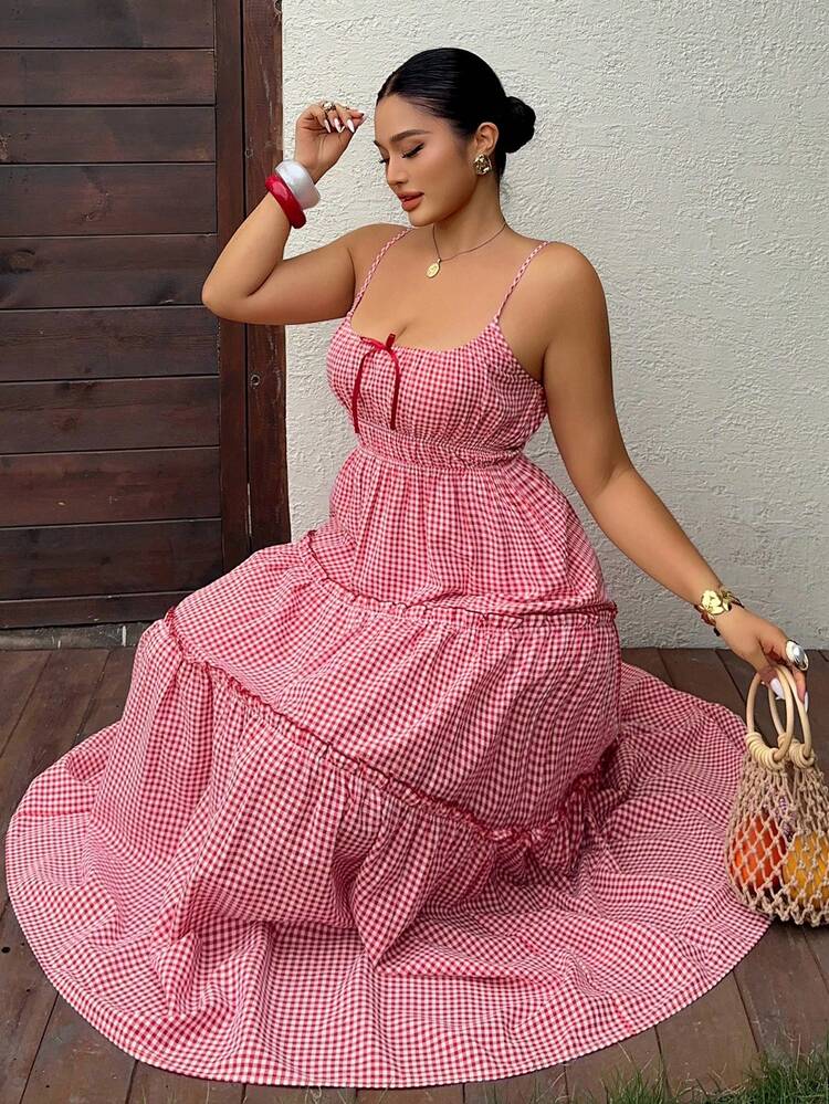 Dazy Plus Plus Size Women's Red Plaid Patchwork Bow Decor Bodycon A-Line Maxi Dress, Vacation Style, Spring/Summer