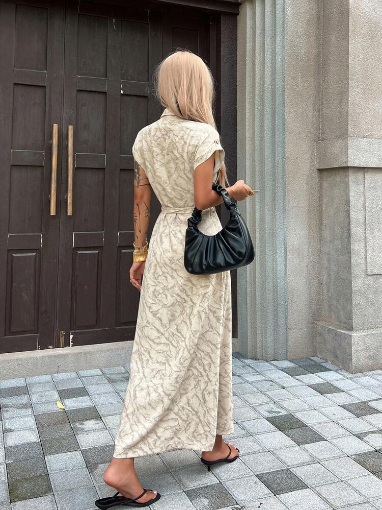 Women's Summer Casual All-Over Print Front Button Batwing Sleeve Midi Dress