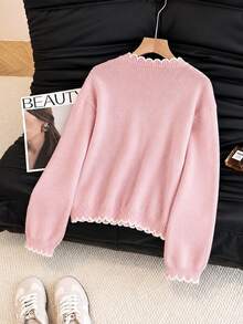 GlowEve CURVE Plus Size Pink Wavy Hem Contrast Color Button Cardigan Sweater, Comfortable & Elegant Winter - Pink - View 2