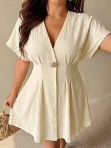 Auralis Off-Shoulder Short-Sleeved Plus-Size A-Line Skirt With Front Metal Buckle Embellishment / Elegant And Romantic Work Dress / Vacation/ Wedding Guest - Apricot - View 6