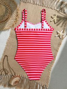 SHEIN 青少年女孩條紋拼接蝴蝶結裝飾連身泳衣，適合海邊度假、泳池派對、海灘派對 - 紅白色 - 查看 2