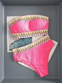 Swim Vcay Women's Vacation Beach Wave Pattern Colorblock Webbing Print Random Bandeau Top And Triangle Bikini Bottom Swimsuit Set - Hot Pink - View 5