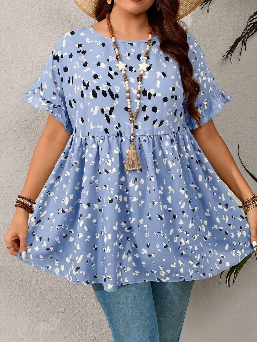 EMERY ROSE Plus Size Casual Resort Style Ruffled Sleeve Allover Print Shirt,Summer Outfits For Women/Summer,Tropical Vacation Woman Clothes - Blue - View 1