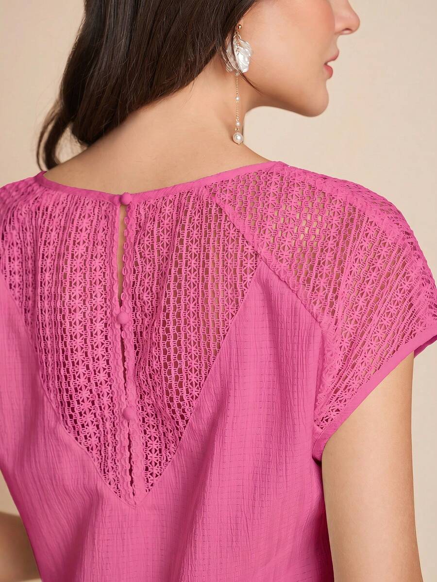 Amorya White Lace Crochet Textured Button Back V-Neck Blouse - Hot Pink - View 1