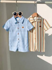 SHEIN 2pcs Newborn Baby Boy Unisex Baby Clothes Cute Summer Casual Knit Striped Polo Collar Short Sleeve Romper 2-Piece Set Suitable For Birthday Party, Rave, Evening Party, Performance, Wedding, Full Moon, Baptism And First Birthday Celebration, Wedding Guest, Baby Shower Christening Outfit Baby Boy - Multicolor - View 3