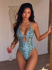 SHEIN Swim Vcay 女款全身印花掛脖綁帶式一件式泳衣，適合海邊度假、泳池派對、海灘派對 - 綠色 - 查看 3