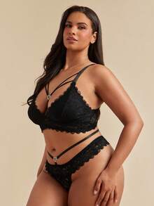 SHEIN BAE CURVE 大码蕾丝无钢圈内衣套装，性感又贴身 - 黑色 - 查看 7