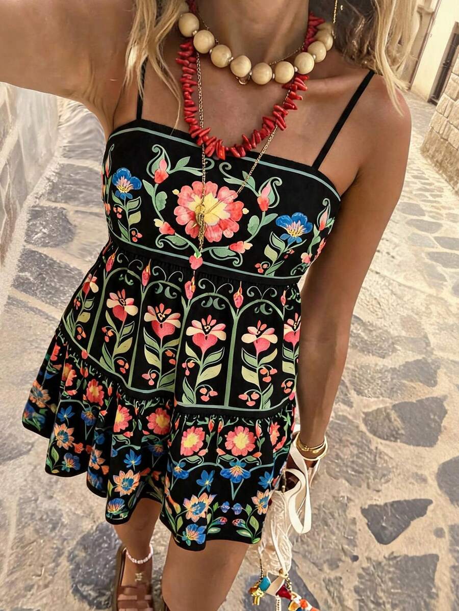 Travachic 女士印花休闲约会外出短款吊带连衣裙,波西米亚风,西部风情,热带鹦鹉图案,适合夏季度假,夏季连衣裙,夏季服装,女士夏季连衣裙,女士沙滩装,女士沙滩度假装,女士度假装,女士休闲连衣裙 - 黑色 - 查看 1