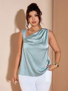 Cravure Plus Size Elegant Dusty Blue Summer Satin Draped Cowl Neck Tank Top For Women,Silk Feel Festa Party Blouse,Sleeveless Chic Workwear Fashion Clothing - Mint Green - View 4