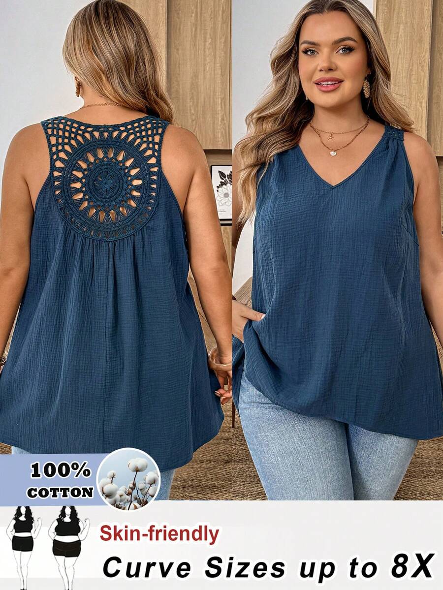 SHEIN CURVE+ 大码女式纯色镂空露背休闲背心 - 藍色 - 查看 1