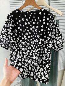 SHEIN LUNE Plus Size Romantic Vacation Floral Print Chiffon Mid-Length Blouse Date Night Black And White Autumn - Black - View 3
