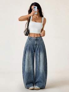 SHEIN PETITE Pantalon en jean à taille haute et jambes larges pour femmes PETITE, pantalon décontracté pour tous les jours & streetwear d'été pour femmes - Jean bleu - Voir 6