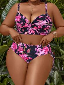 Slaydiva Plus Size Floral Print Bikini Set - Black - View 4