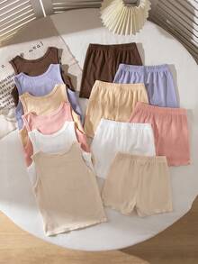 [6 Sets Randomly Sent 2 Sets]Young Girl Autumn/Winter Knit Ribbed Crew Neck Tank Top And Shorts 8-Piece Set Ribbed Fabric Grey Brown Apricot Pink Multicolor Hot-Selling Casual Base Layer Underwear 4 Pieces 2 Sets - Multicolor - View 2