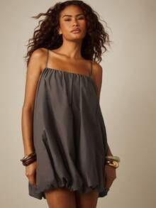 MISSGUIDED Bubble Hem Mini Dress With Spaghetti Straps Square Neckline Flowy Adjustable Straps Summer Party - Dark Grey - View 2