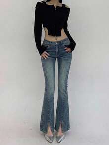 Joudiya Solid Slit Hem Flare Leg Jeans - Blue - View 8