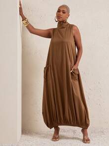 Vixey Mock Neck Sleeveless Gathered Hem Structured Woven Dress, Vacation Dress, Resort Wear, Beach To Dinner, Beach Cover Up - Brown - View 4
