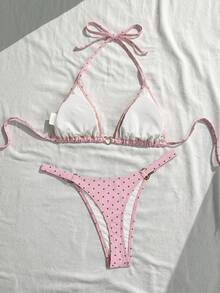 Swim Mod 26SS Spring/Summer Vacation Beach High-End Sexy Polka Dot Swimsuit Two Pieces Set - Pink - View 2