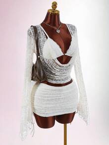 Amplova Conjunto de 2 piezas de lencería sexy con top de encaje y camiseta de corte bajo para vacaciones románticas de primavera - Albaricoque - Ver 4