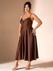 Cravure Plus Size Women's Satin & Contrast Lace Spaghetti Strap Cinched Waist Elegant Formal Dress - Brown - View 5