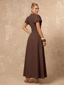 Lumalex 100%Cotton Women's Solid Color Casual Everyday Elegant Casual Pure Cotton Waist A-Line Long Dress Comfortable Bamboo Cotton Puff Sleeves Dress, Back To School Season Dress, Dresses For Women Elegant,Modest Dresses For Women Spring Party Casual - Brown - View 3