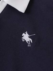 SHEIN Tween女孩海軍藍對比色 Polo領馬刺繡休閒運動學院風寬鬆版型秋冬衛衣 - 寶藍色 - 查看 4