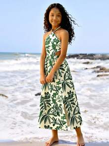 Sparklyn Tween Girl All-Over Print Slit Halter Casual Vacation Sleeveless Dress - Green - View 7
