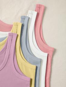 SHEIN LUNE Áo tank top nữ màu trơn cổ tròn gân tăm phong cách casual đa năng - Nhiều màu - Xem 4
