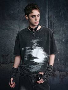 Vyqestra Manfinity Streetrush 男士水洗雪水模糊人脸印花圆领短袖T恤，春夏男装，男友礼物T恤，男士图案T恤 - 黑色 - 查看 4