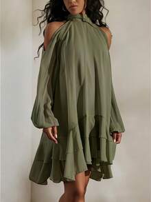 Opulessa Spring/Summer Vacation Solid Color Woven Style Women's Short Dress - Army Green - View 7