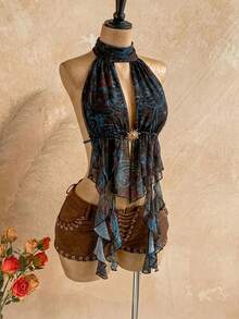 Soleia Women's Summer Sexy Beach Vacation Style Paisley Print Metal Decor Backless Tie Halter Top - Coffee Brown - View 5