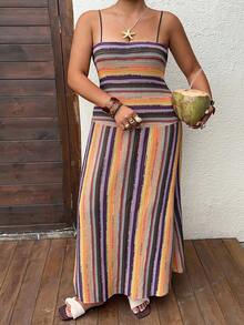 Livesso Damen Große Größen Urlaubskleid, ärmellos, gestreift, figurbetont, sexy Wickelkleid in Midi-Länge, bunt gestreift, Sommerkleid für Urlaub und Party - Verschiedenfarbig - Übersicht 4