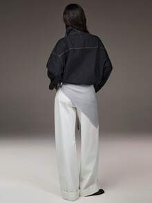 Athîral Denim Petite 女款休閒度假長袖翻領小版牛仔外套，黑色牛仔小號外套，立領寬鬆牛仔外套，抽繩下擺，硬挺面料，大廓形時尚，酷感，機場、戶外、度假多用途外套 - 黑色 - 查看 5
