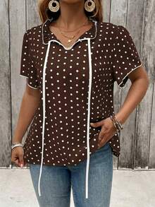 SHEIN Clasi Plus Size Women Polka Dot Pattern Tie Neck Short Sleeve Blouse - Coffee Brown - View 4