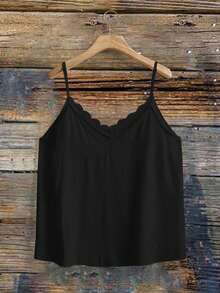 SHEIN VCAY Plus Size Women's Solid Color V-Neck Ruffle Trim Loose Camisole, Summer Bohemian Style, Casual & Romantic Daily Wear - Black - View 2