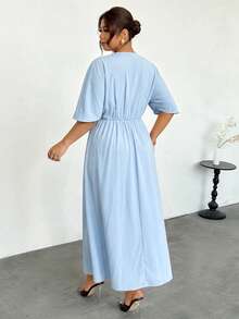 Firerie Plus-Size, Simple, Elegant Light Blue Midi Dress, Suitable For Everyday Wear, Commuting, Casual Outings, And Vacations. V-Neck, High-Waisted, Evening - Blue - View 2