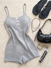 Spicy Aura Sexy Backless Ribbed Knit Jumpsuit, Casual Lounge Wear For Women - Light Grey - View 1