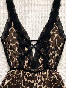 Spicy Aura Leopard Print Cami Lace Patchwork Backless Romper Lingerie - Multicolor - View 6
