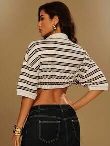 Denimoi Cropped Cinched Waist Striped Polo Shirt - Apricot - View 3