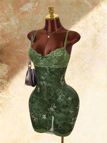 Amplova Lace Cup Detail Tropical Vacation Floral Mesh Bodycon Mini Dress - Green - View 5