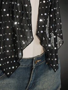 SHEIN ICON 女款性感細肩帶環扣連接亮片設計後綁帶吊帶背心 - 黑色 - 查看 8