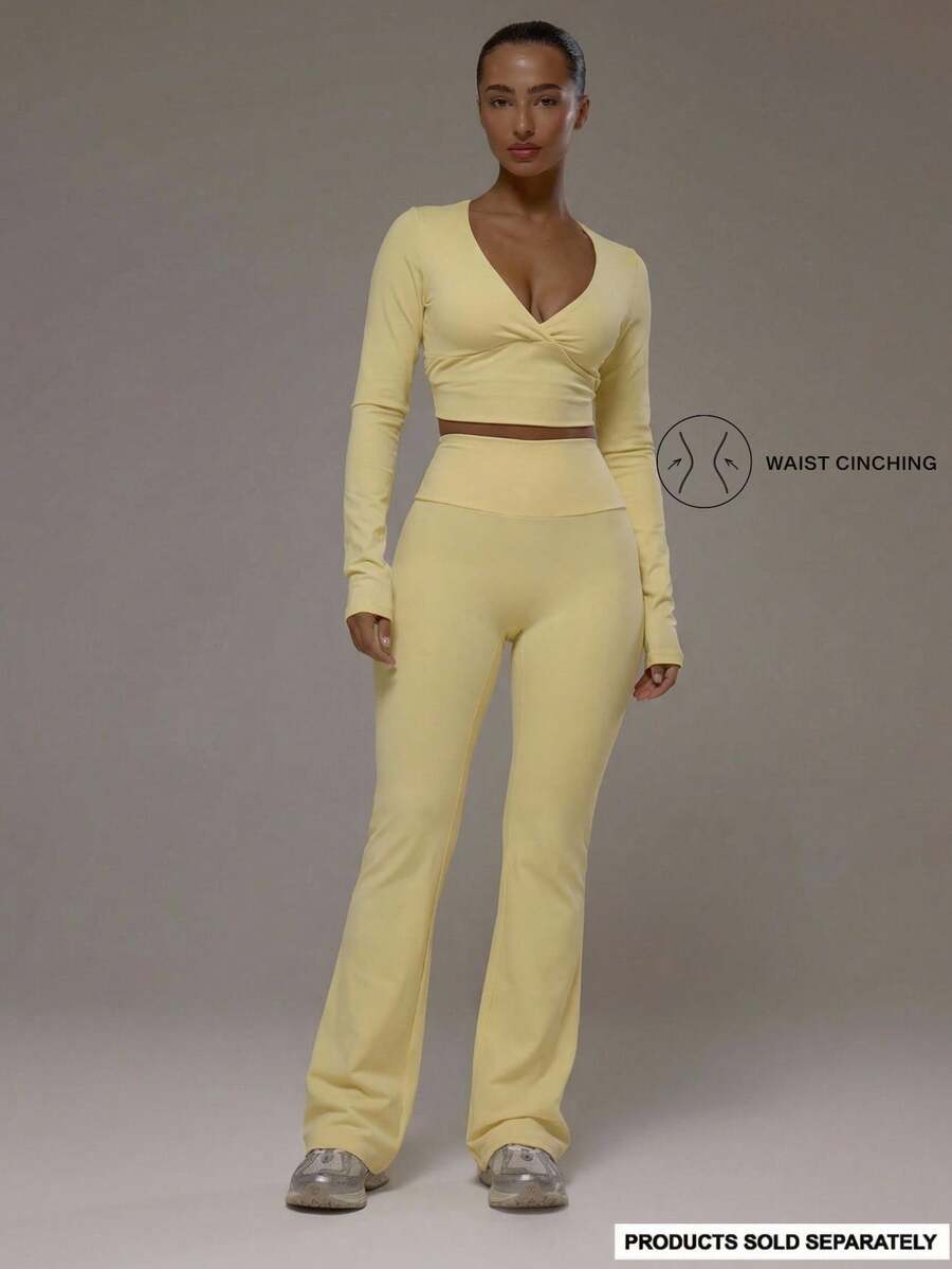 Musera Sport Curved Back Waistband Mid Rise Flared Active Leggings Only Sport Workout Gym Pilates Fitness Daily Casual - Butter Yellow - View 1