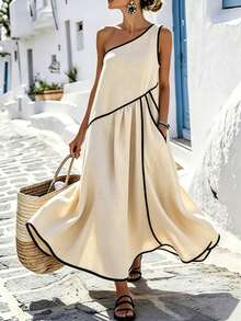 EMERY ROSE Vestido de un solo hombro con bloques de color para mujer de talla grande - Albaricoque - Ver 4