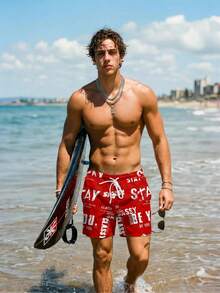 Solantero Loose Fit Sweat Shorts Men's Letter Print Loose Shorts, Suitable For Summer - Red - View 3