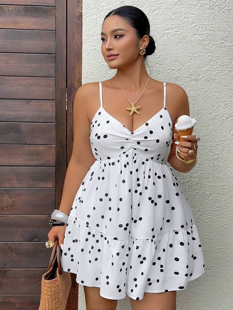 Dazy Plus Polka Dot Vacation Style Casual Beach Mini Skirt White Backless Sexy Spaghetti Strap Dress Casual Women Spring Summer Dress