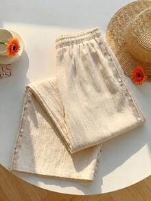 Comfortcana Quần ống rộng dáng suông, màu trơn, chất liệu vải nhăn, có dây rút, thích hợp cho kỳ nghỉ hè, cỡ lớn. - Màu be - Xem 5